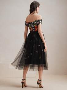 Anewsta Elegant Embellished 3D Floral Off Shoulder Waist Defined Fit And Flare Dress, Suitable For Summer, Sundress, Festival