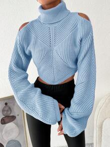 EURMUSE Turtleneck Cold Shoulder Lantern Sleeve Crop Sweater - Blue - View 4