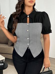 Franclia Elegant Plaid Pearl Decor Button Down Waist Short Sleeve Blouse - Black - View 6