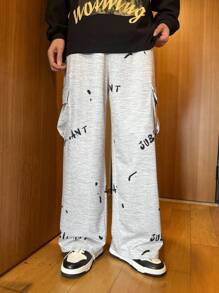 SHEIN Teen Boys' Oversized Casual Sweatpants With Graffiti Print & Pockets, Suitable For Streetwear, Party, Music Festival, Spring & Summer