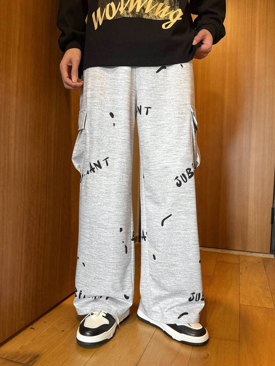 SHEIN Teen Boys' Oversized Casual Sweatpants With Graffiti Print & Pockets, Suitable For Streetwear, Party, Music Festival, Spring & Summer