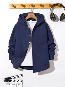 Koszula z kapturem Tween Boys Casual Solid Color Patch Pocket, odpowiednia na jesień, wiosnę, zimę, do zabawy na świeżym powietrzu, do szkoły, fotografii ulicznej, na imprezy i do wypoczynku w domu, wysoka wydajność kosztowa