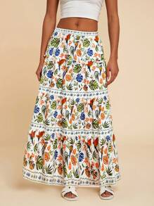 Travachic 女士度假雪纺花卉印花百褶高腰宽松半身裙 - 白色 - 查看 6