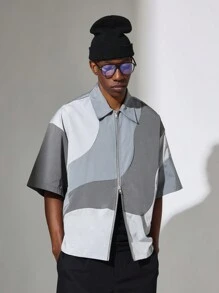 SUMWON 拼接漩涡图案拉链短袖衬衫现代都市街头服饰抽象图案轻便夏季春季休闲外套