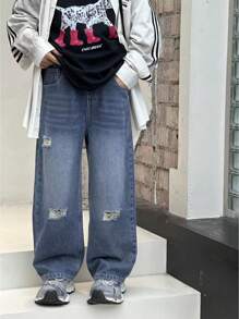 男童口袋简约破洞阔腿裤，休闲日常穿着 - 中等水洗藍 - 查看 3