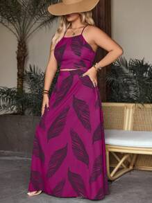 SHEIN VCAY Plus Size Women's Leaf Print Halter Top And Split Hem Skirt Two Pieces Set,Holiday Outfits Boho