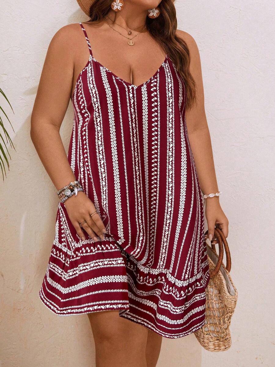SHEIN VCAY Plus Size Boho Spaghetti Strap Striped Casual Short Dress, Sukienka na Lato