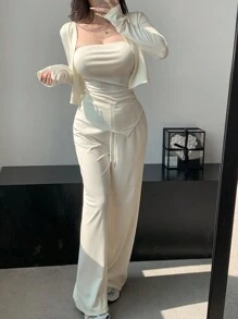DAZY 3pcs Women Simple Solid Color Fitted Outfit Set - Beige - View 2