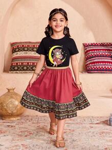 SHEIN DRMZ Kleine Mädchen Lässig einfaches Mond Cartoon Figur Muster Kurzarm T-Shirt und süßer Feiertags Patchwork Rock Set, geeignet für Sommer Lässig Feiertags-Themen, Ramadan Dekoration, Ramadan, geeignet für Kleine Mädchen Alltags Tragen, Feste, Familientreffen und besondere Anlässe - Verschiedenfarbig - Übersicht 4