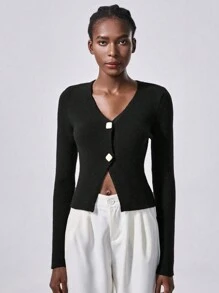 Lumivelle 女士针织长袖黑色开衫，高品质，优雅，收腰，百搭毛衣，秋冬 - 黑色 - 查看 5