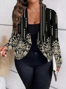 SHEIN Clasi Casual Minimalist Glitter Pattern Loose Long Sleeve Plus Size Jacket, Suitable For Autumn/Winter - Gold - View 3