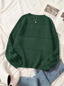 SHEIN EZwear Plus Solid Spring Ribbed Knit Sweater Green Sweater Women Sweater In Fall/Winter - Dark Green - View 1