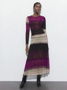 Maija Conjunto de dos piezas minimalista y elegante para mujeres con top de cuello redondo de manga larga con estampado de teñido anudado y falda de línea A, adecuado para fiestas, reuniones, Día de San Valentín, primavera/verano - Morado - Ver 6
