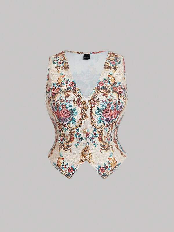SHEIN MOD Plus Size V-Neck Sleeveless Printed Casual Blouse,Valentine Day