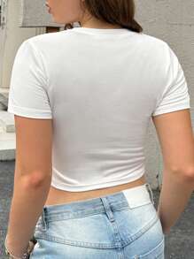 INAWLY Camiseta corta de mujer de cuello redondo, con diseño gráfico impreso, casual y de moda para uso diario - Blanco - Ver 2