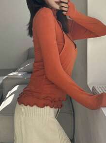 DAZY Women's Knitted Turtleneck Sweater And Deep V-Neck Halter Vest 2 Pieces T-Shirt Set, Rust-Brown, Spring/Summer/Autumn Long Sleeve Women Tops, Fall Women Clothes - Rust Brown - View 7