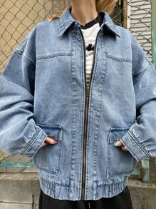 FRIFUL Women's Autumn Dropped Shoulder Long Sleeve Zipper Front Casual Denim Jacket