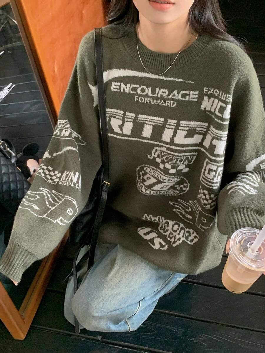 DAZY 女士纯色宽松休闲圆领赛车风长袖毛衣 - 軍綠色 - 查看 1