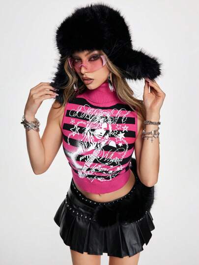 Grunge Punk Vintage Grunge Sleeveless Tight Fit Fuchsia Striped Portrait Print Sweater For Women