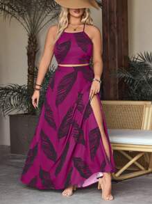 SHEIN VCAY Plus Size Women's Leaf Print Halter Top And Split Hem Skirt Two Pieces Set,Holiday Outfits Boho