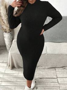 SHEIN VCAY Plus Size Solid Color Stand Collar Long Sleeve Casual Slim Fit Dress - Black - View 6