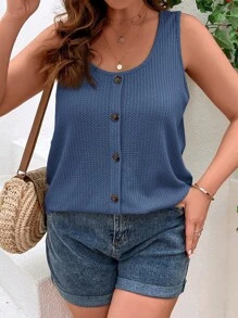 SHEIN VCAY Plus Size Women's Solid Color Round Neck Single Breasted Casual Tank Top - Blue - View 3