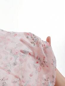 Soleia Women's Plus Size Rose Print Sheer Layered Frill Trim Long Sleeve Blouse, Suitable For Vacation, Autumn/Winter, Valentine's Day