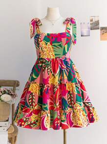 Soleia Plus Size Women's Boho Vacation Colorful Printed Bowknot Shoulder A-Line Mini Dress, For Summer,Beach Dress Sundress,Holiday Outfits