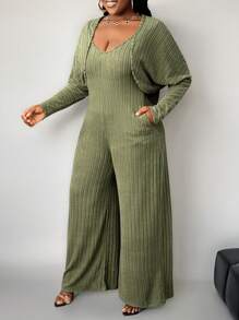 Slaydiva Plus Size Women V-Neck Solid Color Plush Ribbed Green Tracksuit Set, Casual Homewear