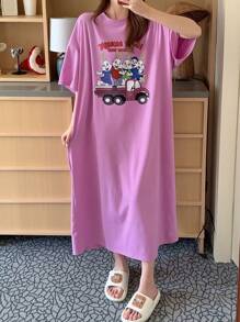 DAZY Rabbit Pattern Printed Loose T-Shirt Nightgown Pajama, Moo Moo - Purple - View 1