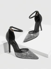 CUCCOO SZL Sandalias de tacón alto y con puntera de rhinestone y recortes calados para mujer, tacones altos formales negros para boda y fiesta, zapatos de primavera