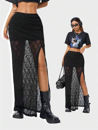 Coolane Falda larga de encaje con dobladillo dividido y unicolor de moda para mujeres, adecuada para primavera y verano