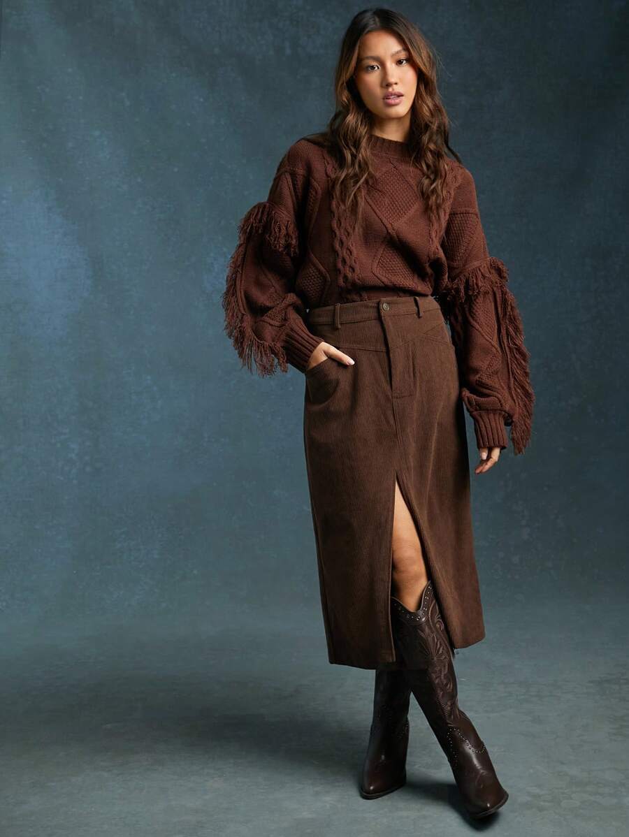 WESTFADE Cowgirl Corduroy Slim Fit High Rise Midi Skirt With Slit Nashville Western - Navy Blue - View 1