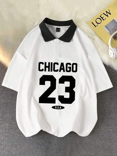 Manfinity Campus Court 男式纯色块字母印花前扣休闲 Polo 衫