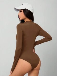 SHEIN PETITE Solid Knit Stretch Fitted Black Bodysuit - Coffee Brown - View 2