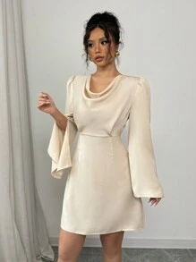 SHEIN Unity Women Satin Plunging Neck Long Sleeve Dress Fall Cloth For Women - Apricot - View 1