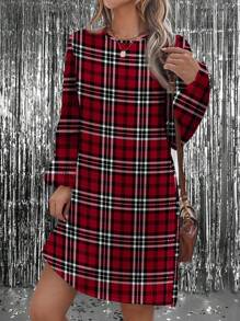 SHEIN LUNE Red Black White Plaid Allover Print Party Atmosphere Festival Mini Dress For Women - Multicolor - View 1
