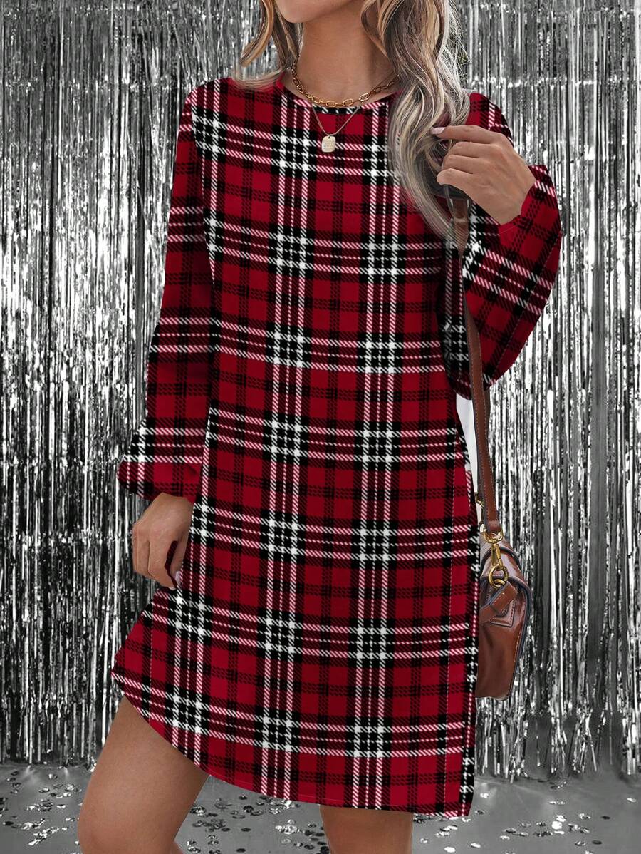 SHEIN LUNE Red Black White Plaid Allover Print Party Atmosphere Festival Mini Dress For Women - Multicolor - View 1