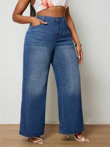 SHEIN EZwear Plus High Waist Wide Leg Jeans - Dark Wash - View 5