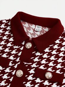 SHEIN Girlism Teen Girl Knit Colorblock Houndstooth Collar Dress - Burgundy - View 5