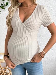 SHEIN Maternity Solid Ruched Side Short Sleeves Tee - Apricot - View 6