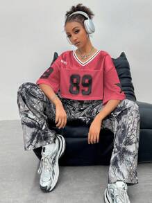 Coolane Women's Casual Streetwear Numer Print Cropped Loose Red T-Shirt