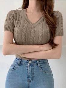 DAZY 女式短袖 V 领卡其色短款扭纹针织上衣，春夏 - 卡其色 - 查看 5