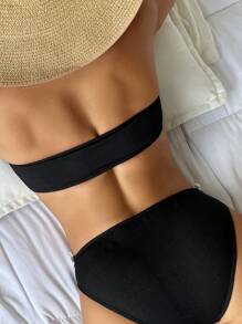 Women's Beach Vacation Printed Decor Bandeau Sexy Black Bikini Swimwear Set Summer