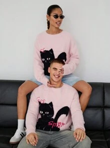 Manfinity VCAY Jersey holgado suéter de cuello redondo con gráfico de gato negro unisex, adecuado para otoño e invierno - Rosa - Ver 6