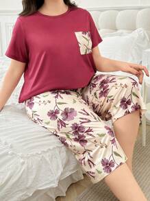 Plus Size Floral Print Short Sleeve Pocket Shirt And 3/4 Pants Set, Homewear