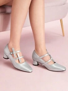 CUCCOO DOLLMOD Bowknot Chunky Heel Mary Jane High Heels For Women Valentines - Silver - View 4