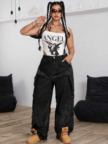 SHEIN ICON 大码女式宽松万圣节破洞口袋牛仔宽腿宽松牛仔裤 - 黑色 - 查看 5