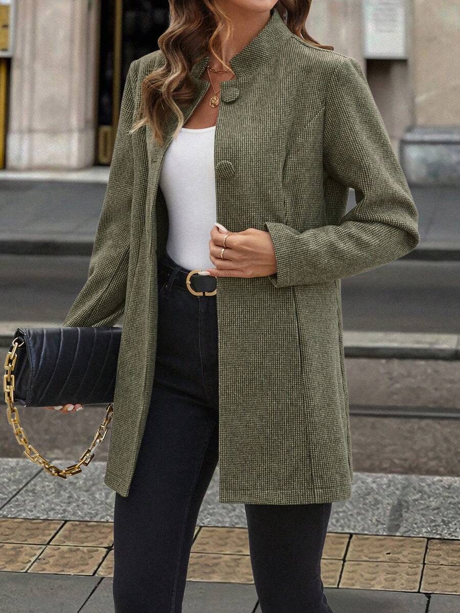 SHEIN Clasi 女士休闲厚夹克，立领中长款，长袖，秋冬 - 黃色 - 查看 1