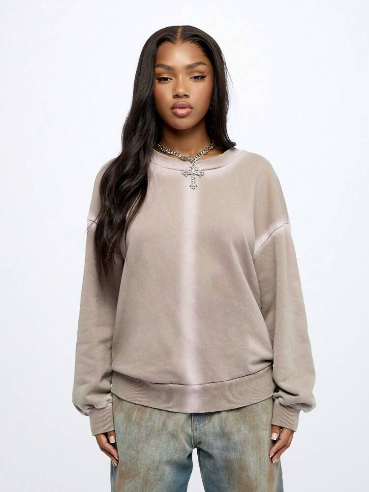 SUMWON WOMEN Oversized Crewneck Ribbed Trim Long Sleeve Sweatshirt